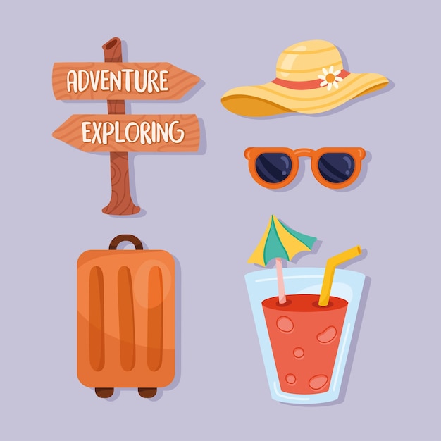 Cinco iconos de vacaciones de viaje