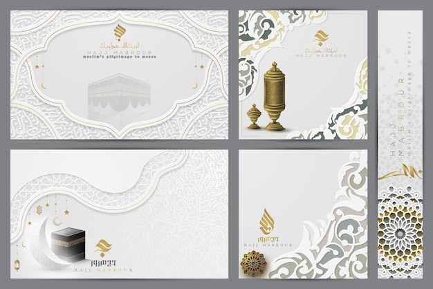 Cinco juegos de tarjetas de felicitación hajj mabrour diseño de patrón floral con caligrafía árabe y kaaba