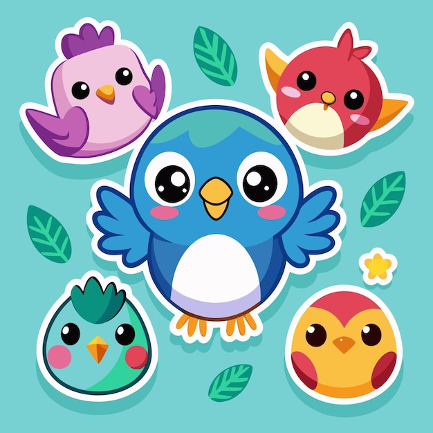 Cinco lindos pájaros de dibujos animados con ojos grandes y caras sonrientes están rodeados de hojas y flores sobre un fondo azul