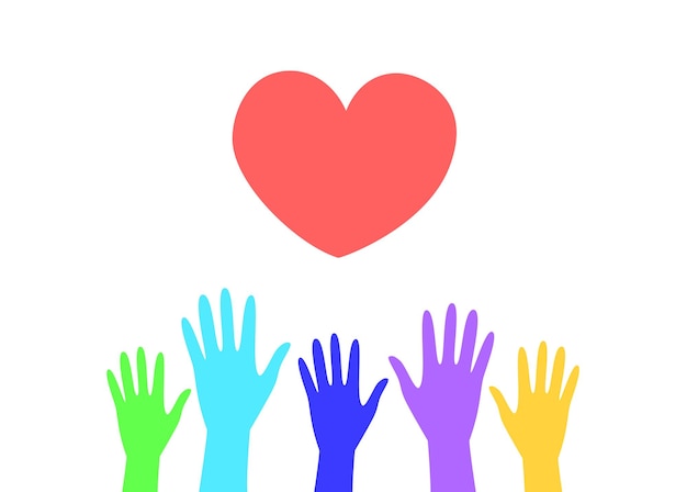 Cinco manos coloridas levantadas hacia un gran corazón rojo expresando unidad compasión y caridad