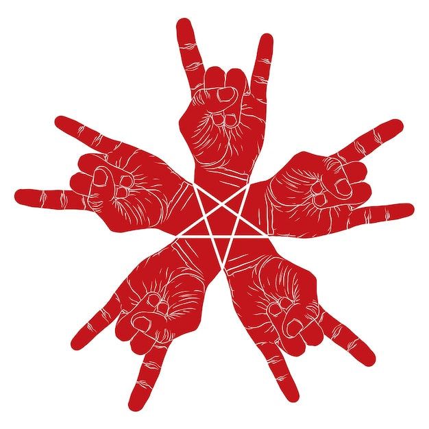 Cinco manos de roca símbolo abstracto con estrella de cinco puntas, emblema especial vectorial en blanco y negro con manos humanas.