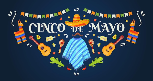 Cinco de mayo banner fiesta mexicana diseño de fondo fiesta popular de méxico o marco de fiesta de cumpleaños margarita guitarra piñata sombrero maracas tequila ilustración vectorial de saludo festivo tradicional