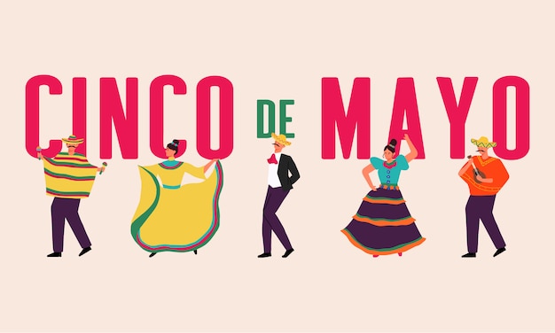 Cinco de mayo banner de fiesta mexicana con gente mexicana en ropa tradicional ilustración.