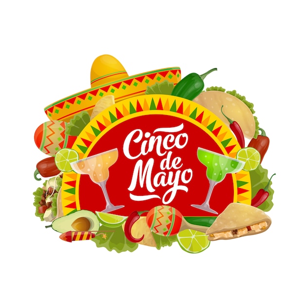 Cinco de mayo comida, bebida y sombrero mexicano