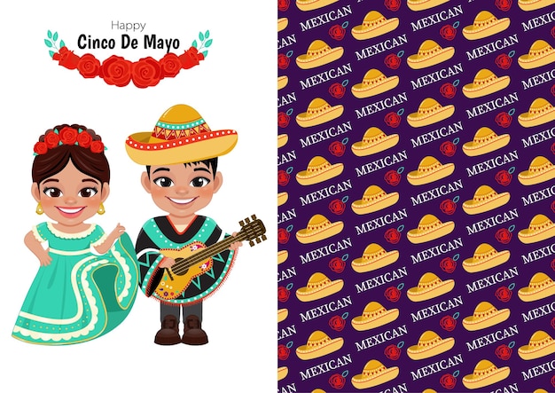 Vector cinco de mayo en el feriado federal del 5 de mayo en méxico con niños en trajes mexicanos y vector de plantilla de tarjeta de fondo mexicano
