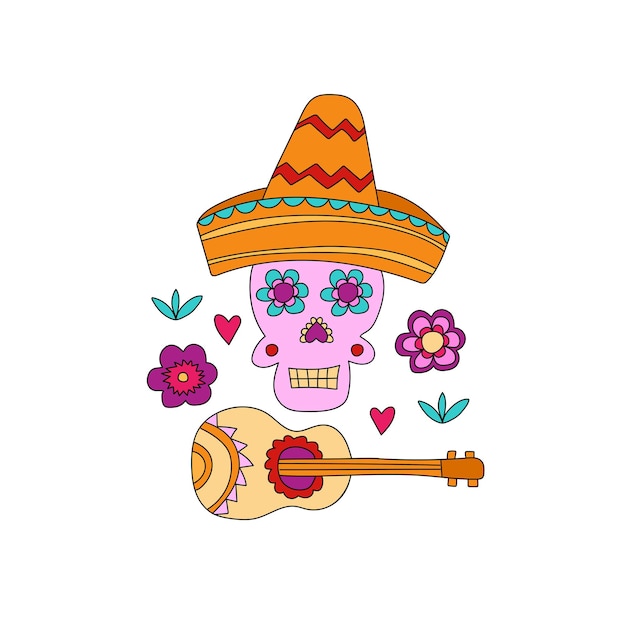 Cinco de mayo fiesta calavera dibujada a mano con elementos decorativos.