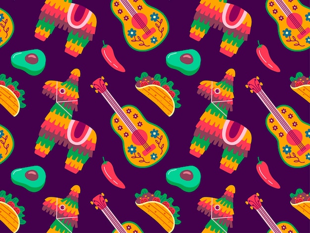 Cinco de Mayo patrón sin costuras 5 de mayo fiesta federal en México Símbolos de la cultura mexicana en un fondo violeta