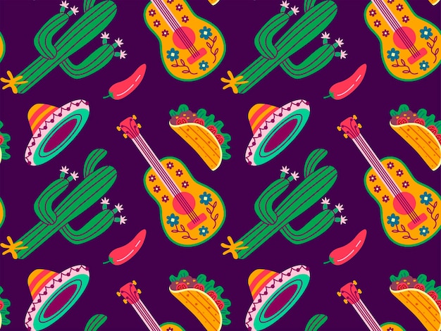 Vector cinco de mayo patrón sin costuras 5 de mayo fiesta federal en méxico símbolos de la cultura mexicana en un fondo violeta