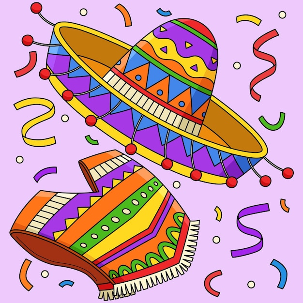 Vector cinco de mayo sombrero y poncho dibujos animados en color