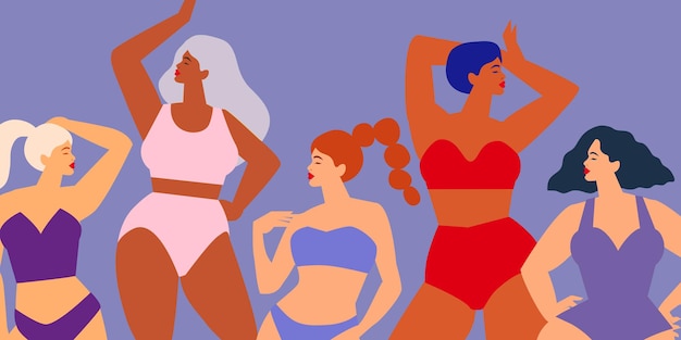Cinco mujeres de diferentes culturas bailando juntas. Amistad de mujeres. Feliz día de la mujer. Día de la Madre. Venera, estilo de corte de papel femenino Venus. Cuerpo positivo. Púrpura. Veri pery. Vector