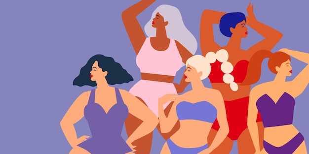 Cinco mujeres de diferentes culturas bailando o de pie juntas. Amistad de mujeres. Feliz día de la mujer. Día de la Madre. Venera, estilo de corte de papel femenino Venus. Cuerpo positivo. Púrpura. Veri pery. Vector