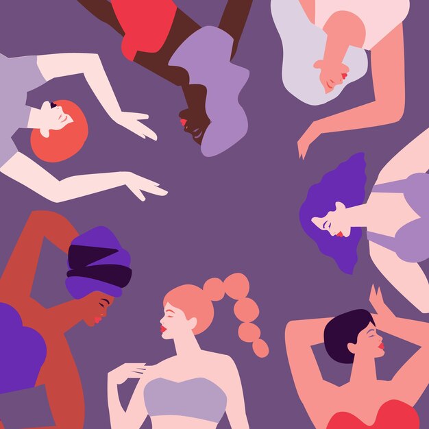 Vector cinco mujeres de diferentes culturas bailando o de pie juntas. amistad de mujeres. feliz día de la mujer. día de la madre. venera, estilo de corte de papel femenino venus. cuerpo positivo. púrpura. veri pery. vector