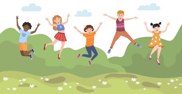 Cinco niños felices saltando de alegría en el fondo de las montañas - Vector