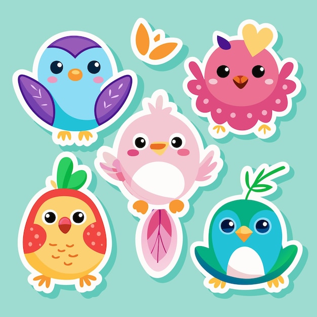 Cinco pájaros de dibujos animados de colores en estilo pegatina