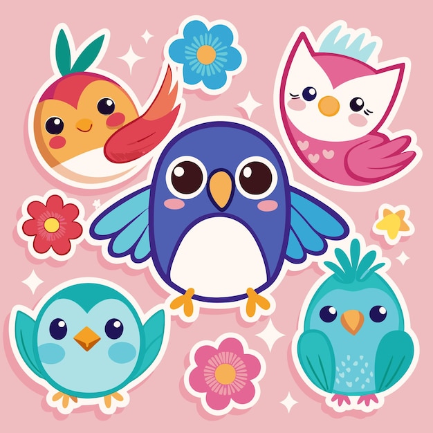 Cinco pájaros de dibujos animados con ojos grandes, mejillas rosadas y picos pequeños rodeados de flores y estrellas están en un fondo rosado