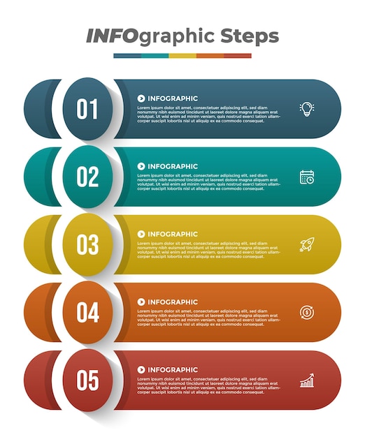 Cinco pasos para una estrategia de infografía empresarial colorida.