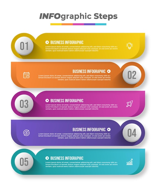 Cinco pasos para una estrategia de infografía empresarial colorida.