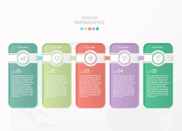 Cinco pasos, infografía e iconos de hombre de trabajo para el concepto de negocio.