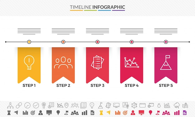Vector cinco pasos, línea de tiempo diseño de infographics con los iconos fijados, en versiones blancas y negras y coloridas.