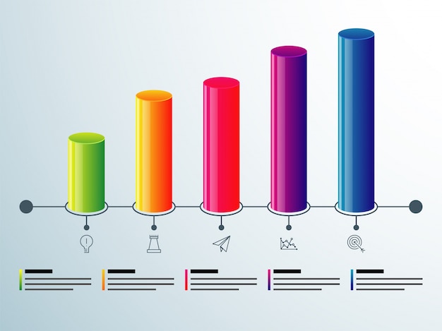 Vector cinco pasos, línea de tiempo diseño de infographics con los iconos fijados, en versiones blancas y negras y coloridas.