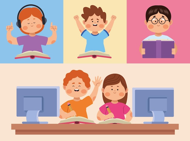 Cinco pequeños personajes de estudiantes.