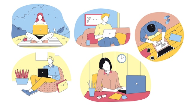 Cinco personajes adultos trabajando en sus computadoras portátiles desde diferentes lugares. Ilustración de vector de estilo plano con contorno. Personas masculinas y femeninas lineales. Freelance, trabajando desde el hogar y el arte conceptual de la oficina.