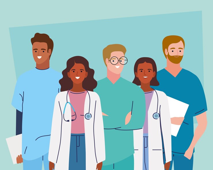 Vector cinco personajes del personal médico.