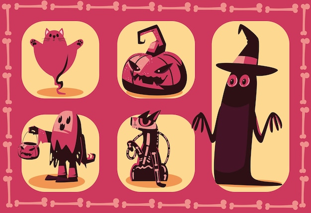 Cinco personajes planos de halloween