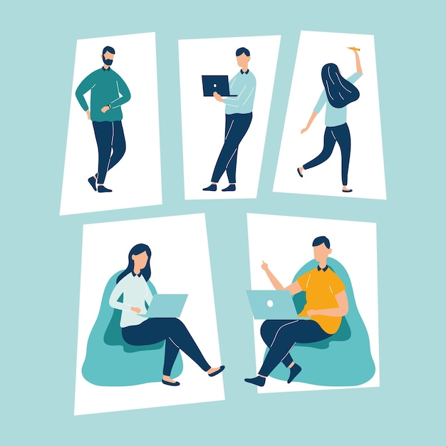 Cinco personajes de trabajadores de personas productivas.