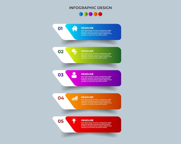 cinco rectángulos redondeados elementos infográficos dispuestos alternativamente