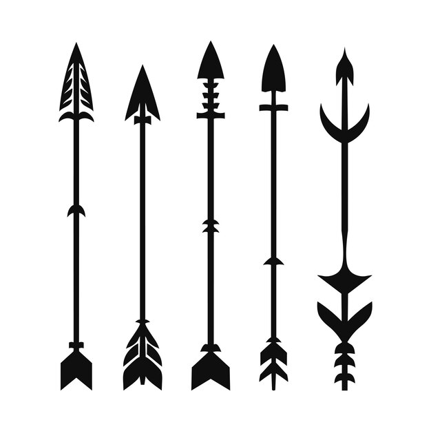 Cinco tribus antiguas diseños de flechas diferentes puntas de flecha fletchings viejas armas vintage vector