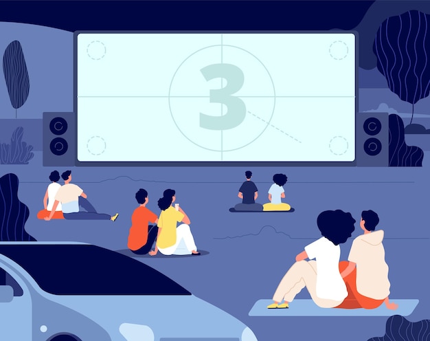 Vector cine al aire libre. descanso al aire libre, noche de cine en el coche. amigos descansan patio trasero con bocadillos, pantalla. las parejas de citas ven la ilustración de la película. película de cine, entretenimiento al aire libre