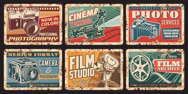 Vector cine foto vintage cámaras vector placas oxidadas