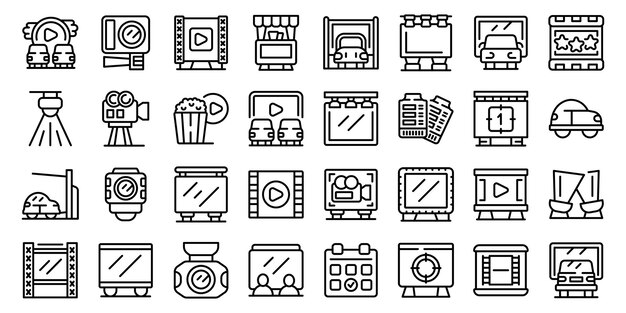 Cine en los iconos de coche establecer vector de contorno al aire libre