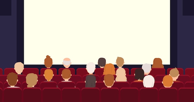 Cine interior cine pantalla vacía y audiencia La gente ve la película sentada en asientos rojos Bandeira de entretenimiento vectorial cómoda