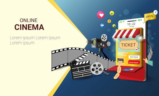 Cine en línea en sitio web o aplicación móvil con proyector de película y disco con tira de película de carrete de película Boleto de película en línea en concepto de sitio web para cine cine móvil y reserva en línea