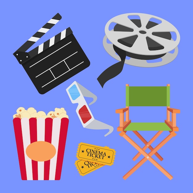 Cine set de películas iconos vectoriales cine director de películas objetos ilustración elementos de cine icono