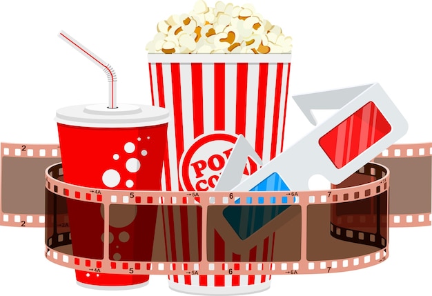 Cine y tiempo de película Banner con iconos planos bebida de palomitas de maíz de película transparente en vasos de papel vasos 3d y entradas ilustración vectorial aislada