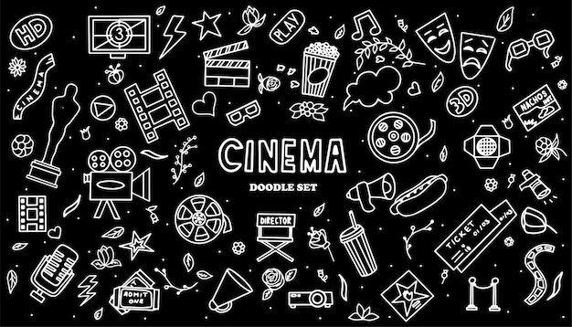 Cine tv muestra series y películas divertido doodle vector set dibujado a mano ilustración colorida para p ...