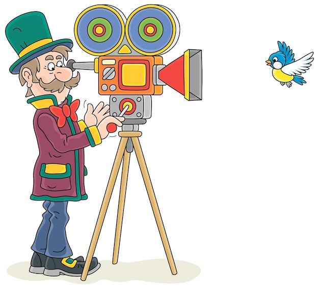 Vector cineasta retro en un sombrero de copa con su vieja cámara haciendo una película con un pequeño pájaro volador