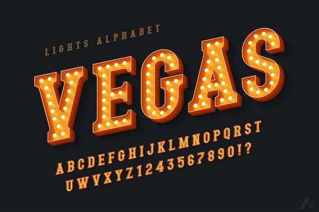 Cinema alfabeto diseño cabaret lámparas retro letras y números