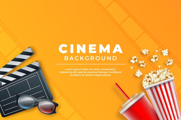 Cinema banner película película plantilla web palomitas de maíz y bebida fría página de aterrizaje teatro 3d viendo video entretenimiento hollywood carrete gafas 3D estreno reloj concepto vectorial de fondo