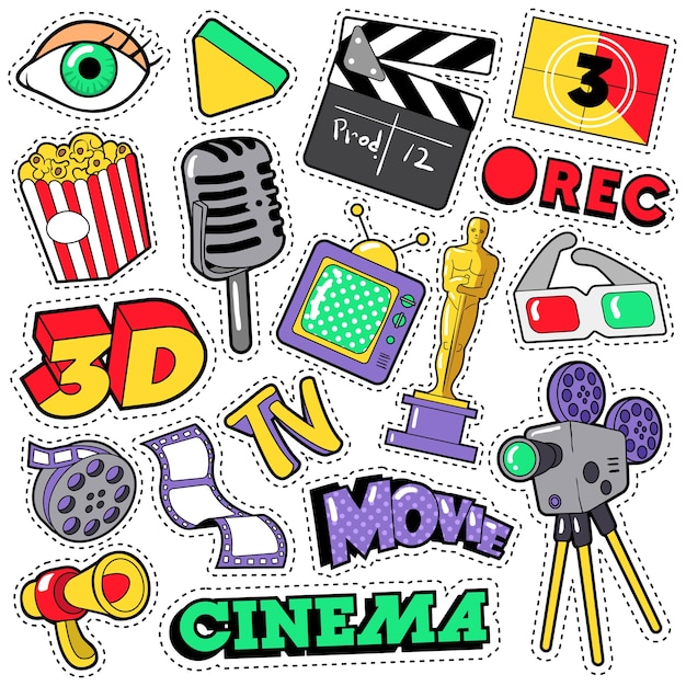 Cinema film television parches, insignias, pegatinas con cámara, tv, cinta. doodle en estilo cómico