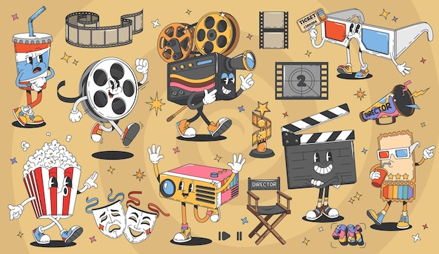 Cines de dibujos animados retro personajes hippie groovy