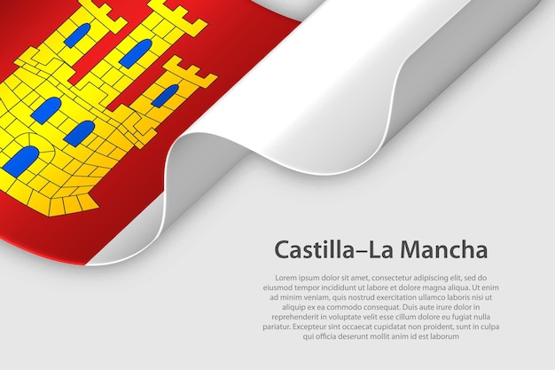 Cinta 3d con bandera Comunidad autónoma española de CastillaLa Mancha aislada sobre fondo blanco con espacio de copia
