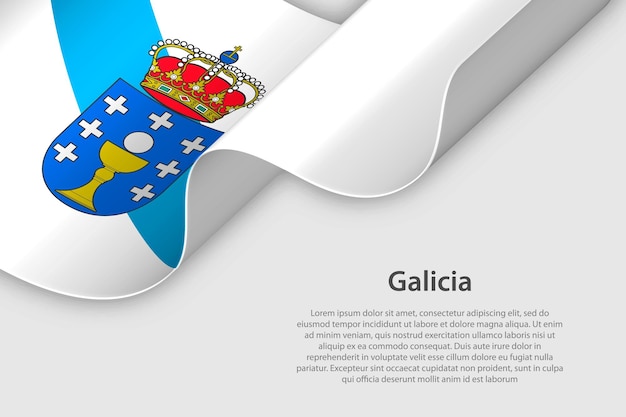 Cinta 3d con bandera Galicia comunidad autónoma española aislada sobre fondo blanco con copyspace