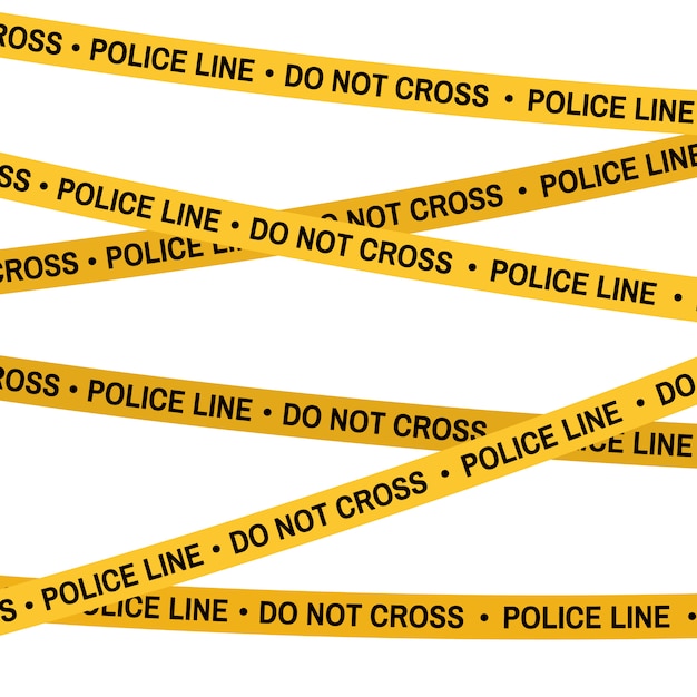 Cinta amarilla de la escena del crimen, línea de la policía No cruce la cinta. Dibujos animados de estilo plano. Vector de fondo blanco.