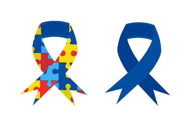 Vector la cinta azul y la cinta de rompecabezas son símbolos de concienciación para el día mundial de la concienciación sobre el autismo.