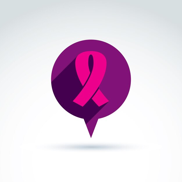 Cinta de cáncer de mama colocada en un círculo púrpura, icono de atención médica vectorial. Símbolo de protección de la salud de la mujer: concepto de conciencia.