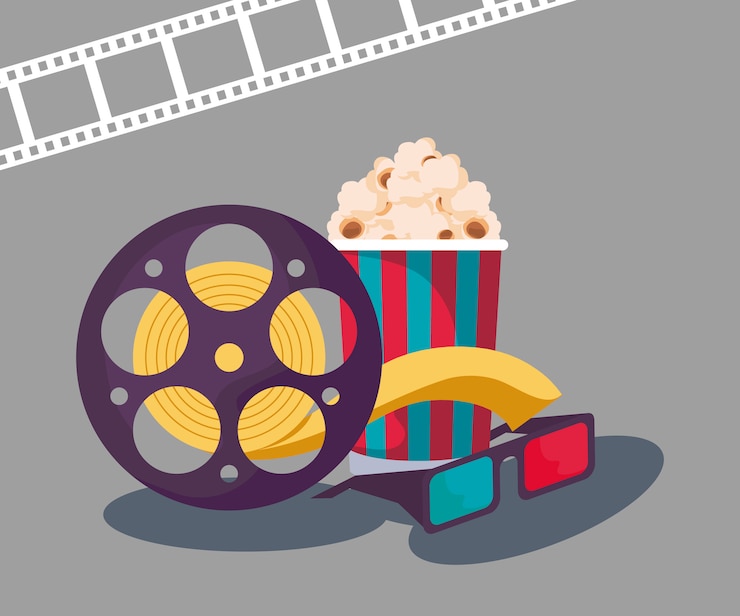 Vector cinta de carrete de cine con anteojos y palomitas de maíz
